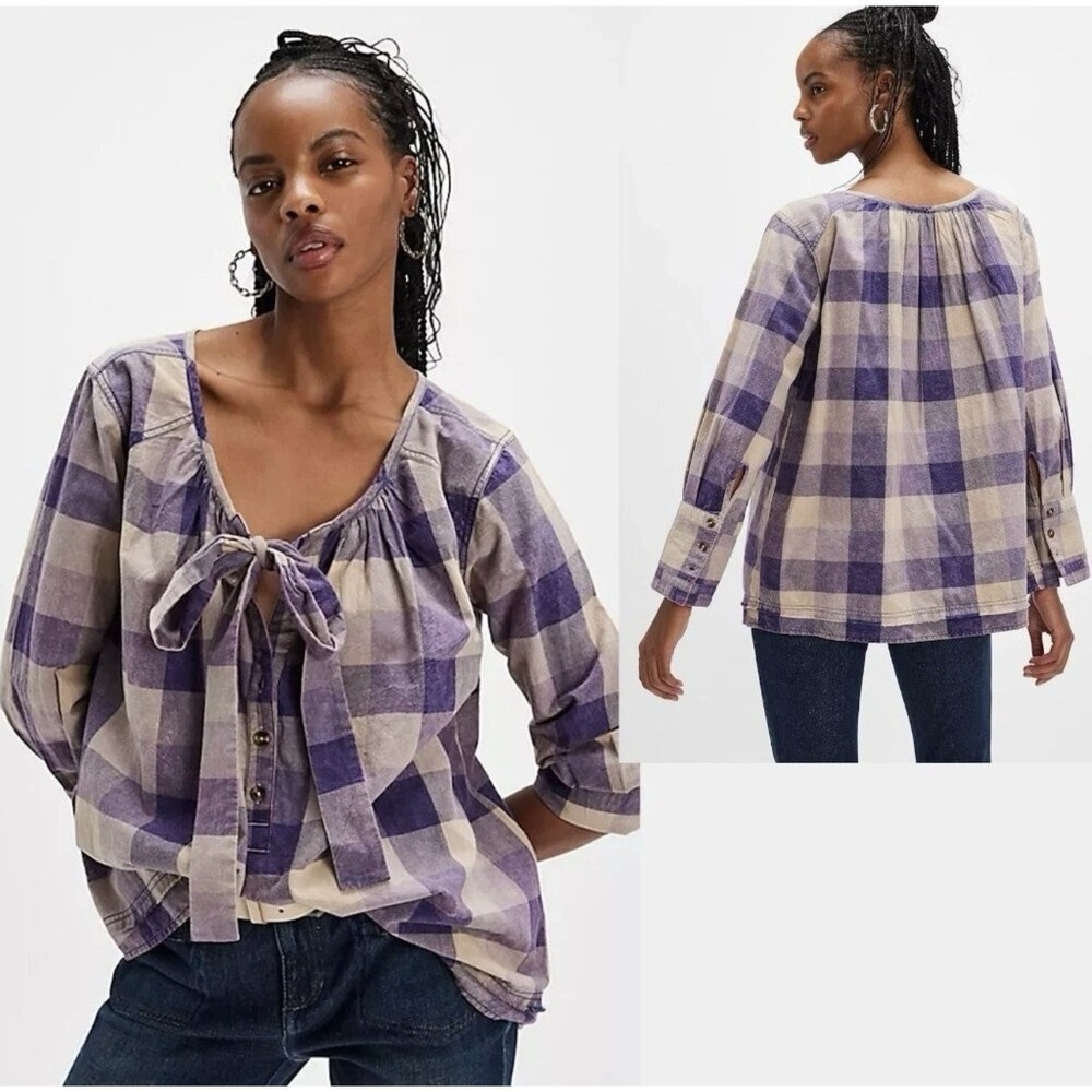 We The Free Purple Big Bow Plaid Pullover XS Oversized Prairie Peasant Western